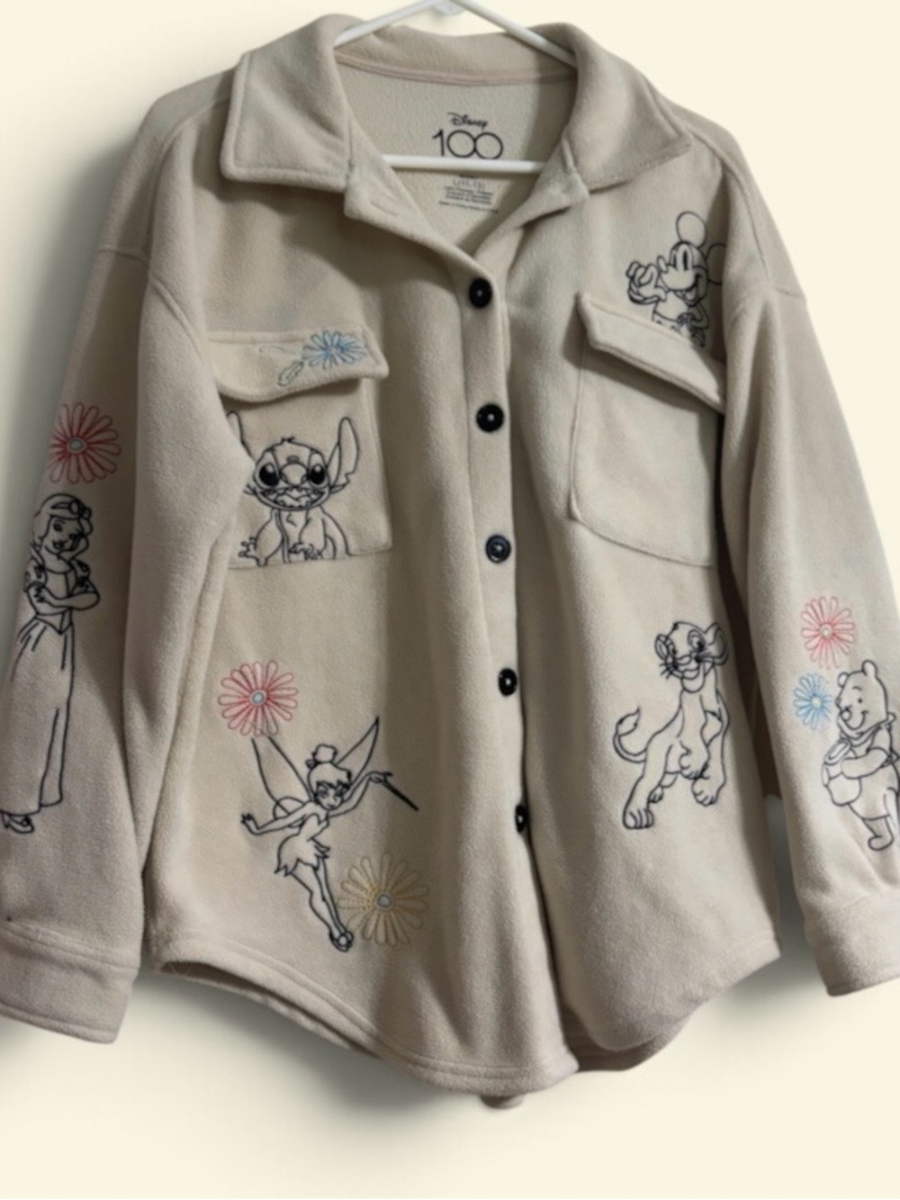 Disney 100 Cream Teddy Jacket with Black Character Embroidery Jr 11-13 Women S,M